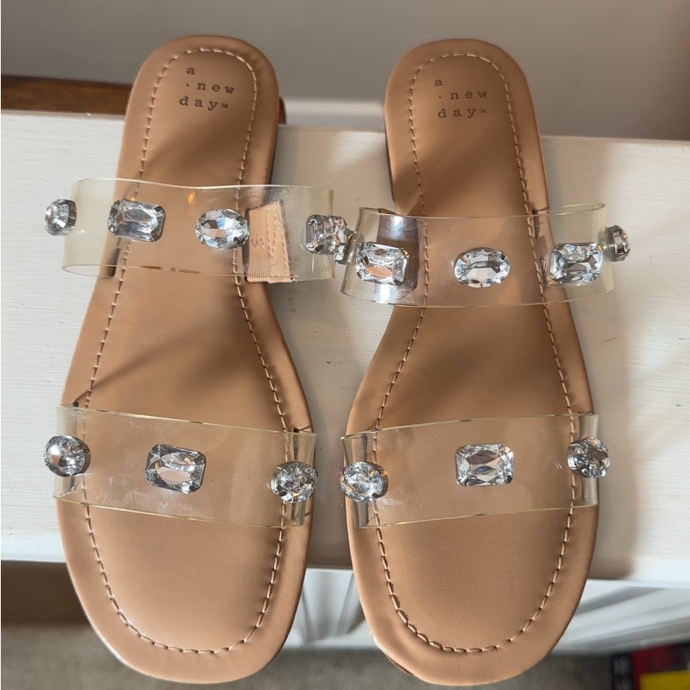 a new day Tan Slide Sandals with Clear Gemstone Straps